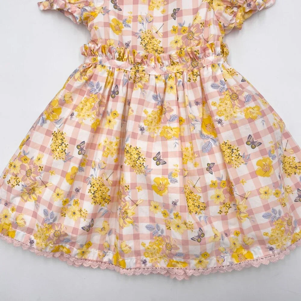 Haute Hippie Dress Gingham Floral Girl Size 2T Pink Yellow White‎ Puffed Sleeve
